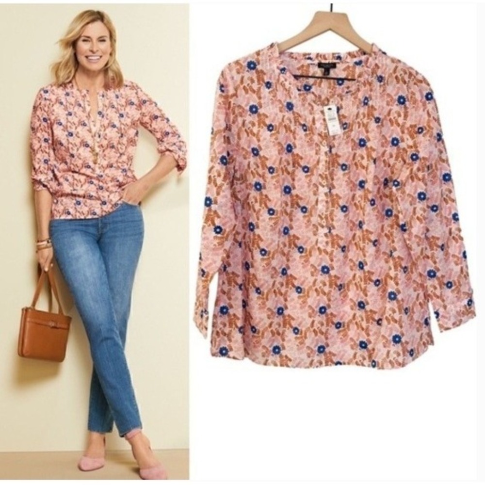 Talbots Pintuck Voile Floral Peasant Top Blouse Womens S Pink Brown Summer NWT